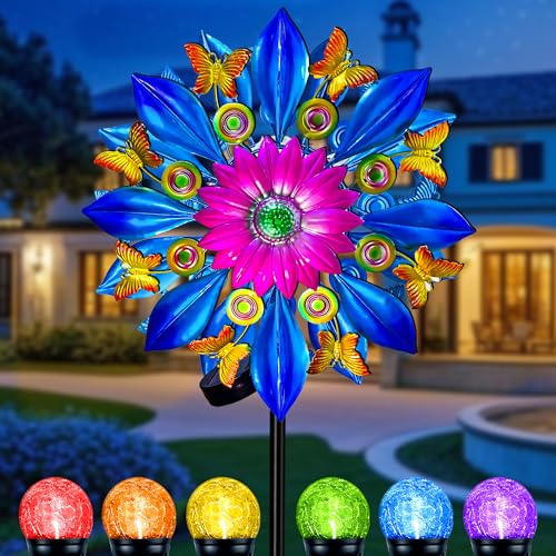 60 in Large Wind Spinners Outdoor, Solar Double Sided Wind Sculpture - color: 60 In-blue