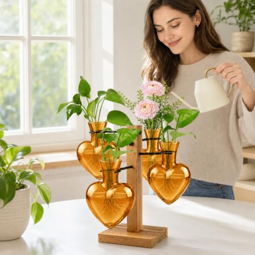 Plant Terrarium Propagation Station with Wooden Stand, 4 Glass Vases - color: Amber