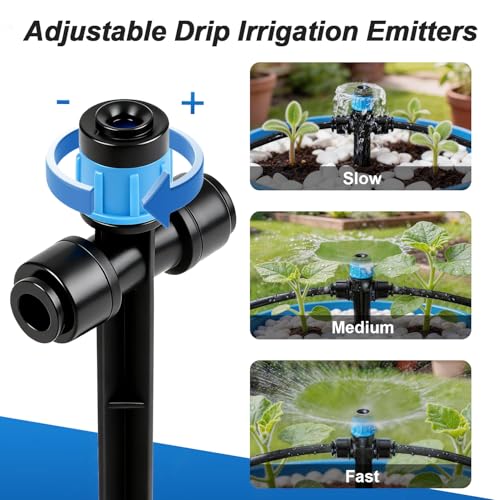 20 Pack Quick Connect 1/4 Inch Drip Irrigation Emitters, 1/4'' Drip in-line Pass Through Vortex Emitters Adjustable 360 Degree Dripline Stake Emitter with 10 Plugs for DIY Sprinkler Systems - color: Blue Vortex Emitter-2Way