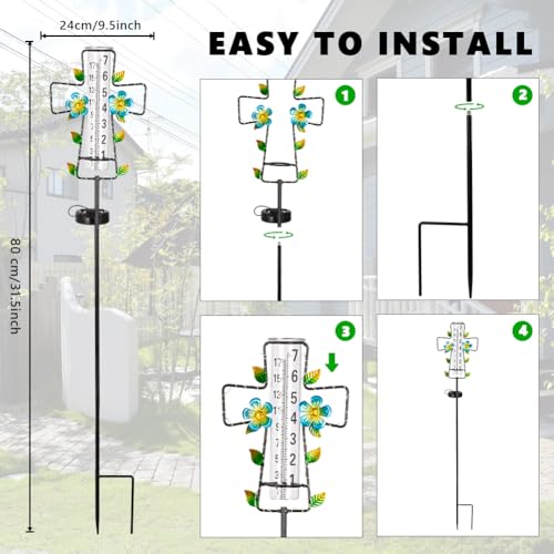 Solar Rain Gauge Outdoor with Lights,7” Glass Tube Cross Rain Gauge - color: Blue Cross