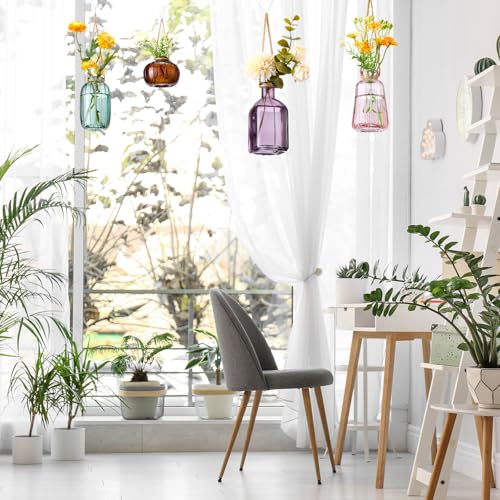 Wonderjune 4 Pcs Stained Glass Hanging Vases Hanging Glass Planters Small Plant Terrarium Pot Containers with Rope for Garden Home Indoor Outdoor Decor, 4 Styles (Fashionable) - style: Fashionable