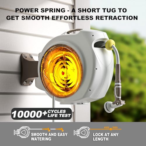 Retractable Garden Hose Reel, 1/2 in 100+6 ft, Heavy Duty Wall Mounted Water Hose Reel, Spring Power Automatic Rewind, Any Length Lock, 180° Swivel Bracket, 10 Pattern Spray Nozzle - size: 1/2“ 100FT