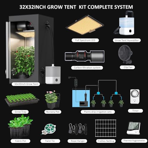Upgrade Integrated Auto Grow Tent Kit Complete Kit, S1000 LED Grow Light, 32"x32"x64" Grow Tent, 4“ Ventilation with Inline Fan, Carbon Filter, Irrigation Kit, Humidifier and Clip Fan - size: 32"X32"X64"