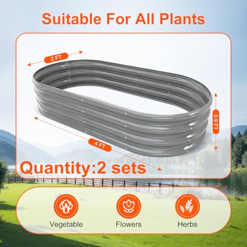 Rakukiri Raised Garden Bed Outdoor, GRS Certified Recycled Metal Planter Box 2 Sets, 4FT Galvanized Oval Herb Garden Kit, Bottomless Large Garden Beds for Vegetables Flowers, Rust-Resistant Gray - color: Gray