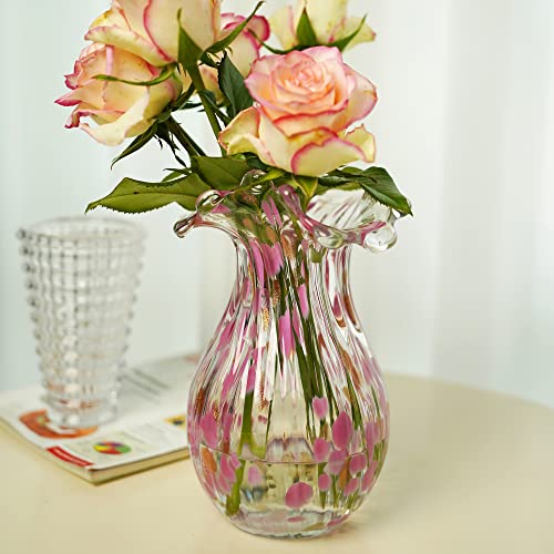 QFkris Hand Blown Glass Vase, Modern Art Flower Vase with Pink Petal Decor - color: Pink Bubble