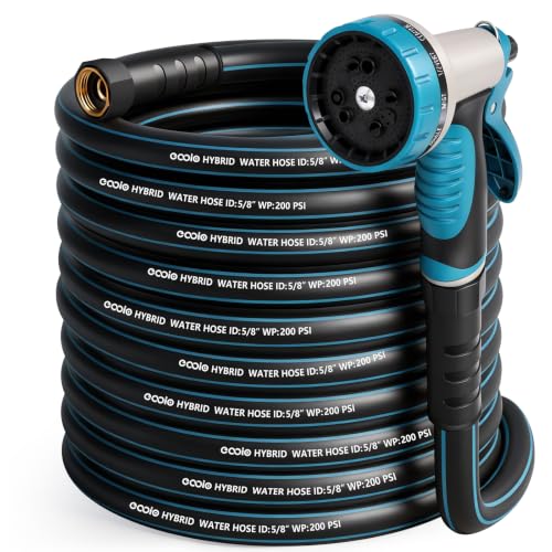 Garden Hose 100 ft x 5/8" with Nozzle, Water Hose Heavy Duty Flexible, Lightweight Kink-less Hybrid Hose with Swivel Handle, Male to Female Fittings (Blue, 100FT) - color: Blue, size: 100ft
