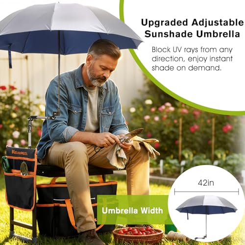 Garden Kneeler and Seat with Umbrella,Heavy Duty Gardening Bench and Stool - color: Black & Orange