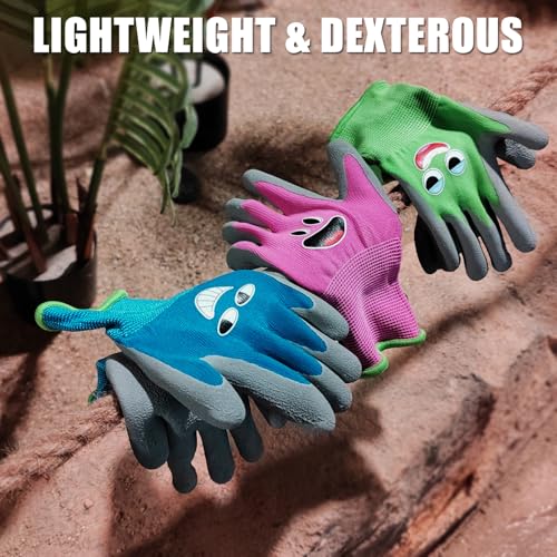KDK 3 Pairs Kids Gardening Gloves Age 3-12 Toddler Rubber Coated Garden - size: Medium (Age 6-8)