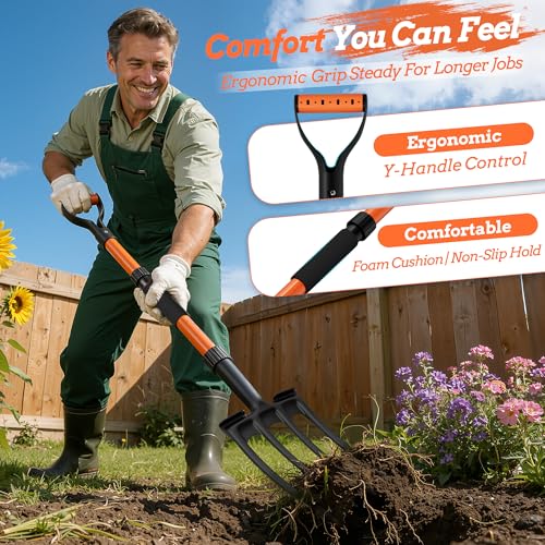 Garden Fork for Digging, 4-Tine Pitch Fork with Foot Step, Ergonomic Y-Handle & Comfortable Grip, Lightweight Durable Pitchfork for Soil Loosening, Compost, Mulch, Weeding & Potato Harvest - 43 Inches