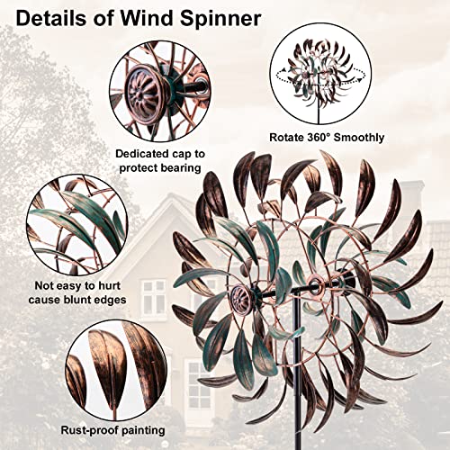 VEWOGARDEN Large Outdoor Metal Wind Spinners, 360 Degrees Swivel Wind Sculpture Yard Art Decor for Patio, Lawn & Garden 66 * 15.8 Inches - size: 16 Inch(Antique Bronze & Turquoise)