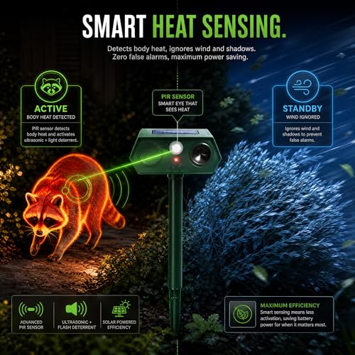 Animal & Squirrel Repellent Outdoor 2 Pack, Solar Ultrasonic Raccoon Deer Deterrent with 110° PIR Motion Sensor, 13.5–45.5 kHz Variable Frequency, White Flashing Light, IP65 for Garden Yard Lawn
