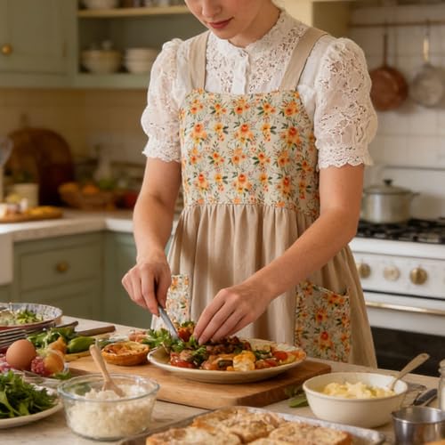 Cotton Linen Apron Cross Back Apron for Women with Pockets Pinafore Dress - color: 2 Pack-flora Beige