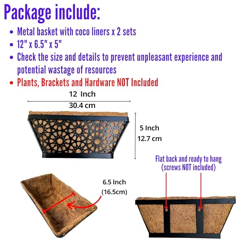 LaLaGreen Window Planter Boxes for Outdoor Plants (12 Inch, 2 Pack,) Small and Cute Black Metal Fence Hanging Planters Flower Basket Pot with Coco Liner Trendy Horse Troughs Balcony Patio Porch Rail - size: 12" (30cm) x 2 pack
