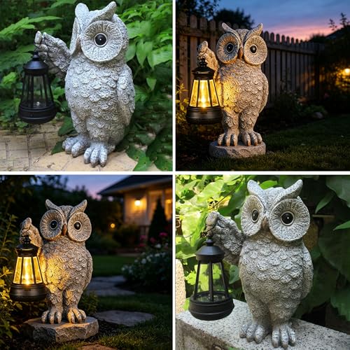 Solar Owl Garden Statue with LED Lantern, Waterproof Outdoor Resin Figurine (Grey Owl) - color: Owl1