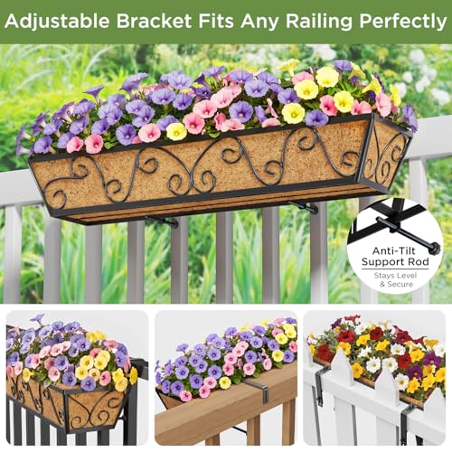 Y&M 6Pcs 30 Inch Large Window Box Railing Planter with Coco Liner, Outdoor Window Flower Boxes Over The Railing Planter Boxes Deck Fence Porch Patio Planter-Butterfly - size: Butterfly 30in 6p