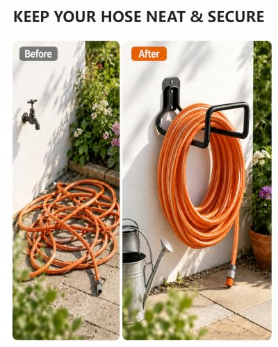 Hose Hanger Wall Mount, Garden Hose Holder Heavy Duty Metal Hose Hanger for Water Hose Storage, Rust-Resistant Outdoor Organizer for Garden, Garage, Yard & Fence, Includes Storage Strap, 1 Pack - size: 1‑Pack