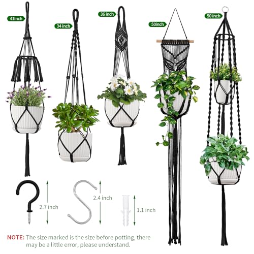 Macrame Plant Hangers 5Pack, Handmade Cotton Rope Hanging Planters - color: Black