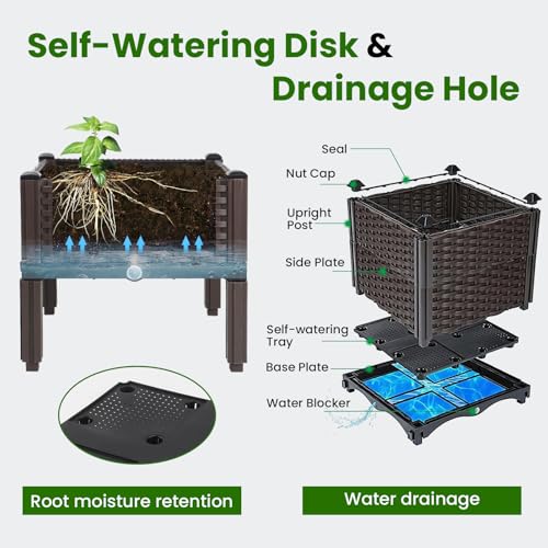 4Pcs Plastic Raised Garden Bed,62.4"×15.6"×14.4" Elevated Wicker Planter Box with Self-Watering System, Plants Garden Boxes with Legs for Growing Fresh Vegetables,Fruit,Flowers and Herbs - size: 4 Boxes-62.4×15.6×14.4in