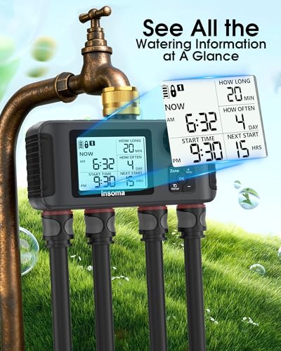 Insoma 4 Zones Sprinkler Timer with Brass Inlet & Outlet, Water Timer for Garden Hose with Auto/Manual/Rain Delay Mode, Hose Timers for Irrigation Watering System for Yard, Lawn, Plant Watering - size: 4 Outlets