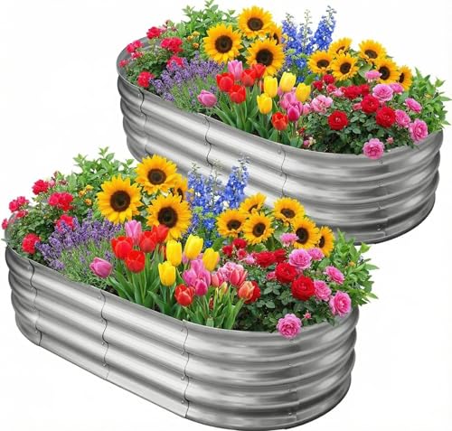 Galvanized Raised Garden Bed for Outdoor: 4X2X1ft Durable Metal Vegetable Plant Container Kit - Oval Planter Box for Gardening Flower Trough (2 Pack)