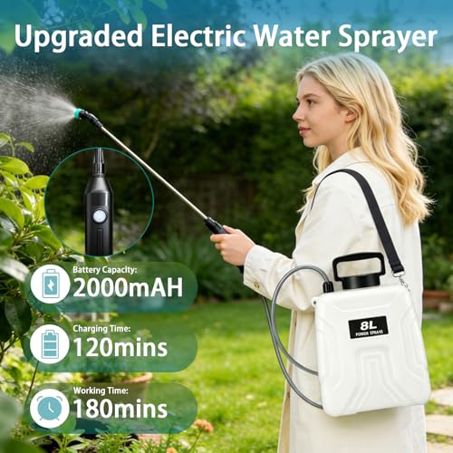 2 Gallon Battery Powered Sprayer, 2000mAh Electric Power White Continuous Battery Operated misting Retractable Long-Reach Metal Wand 5 Multi-Pattern Water attachments - color: White/2 Gallon