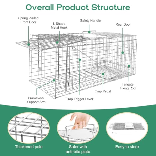 Humane Live Animal Trap Cage 32" × 13" × 11",Heavy-Duty Live Catch Cage for Raccoon, Squirrel, Stray Cats, Groundhogs, Armadillos, Opossums, Rabbits, Skunk, Mole, Small Wildlife Control - size: 32"×13"×11"