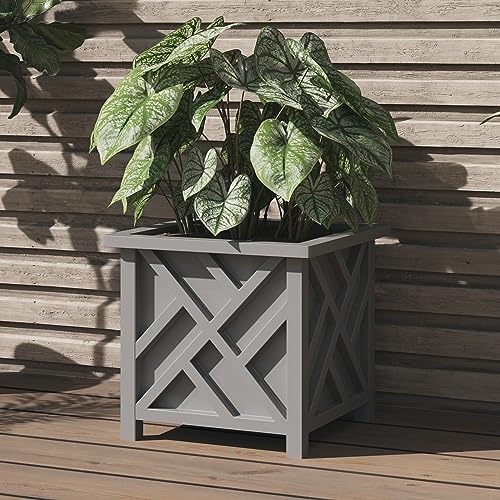 Pure Garden Lattice Design Outdoor Planter Box, Gray, 15.5” Square 16.5” - color: Gray