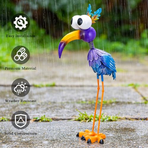 27“ Metal Purple Big-Eyed Bird Statue Garden Decor - color: Blue Flamingo