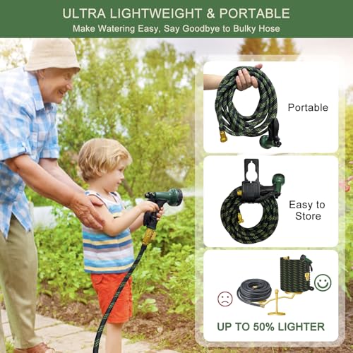 Garden Hose 100 ft, Non-Expandable Flexible Water Hose with 10 Function Spray Nozzle, Lightweight, Leak Proof, Kink-Free, Portable Hose for Outdoor, Yard, Lawn, High-Density Fabric, Black Green