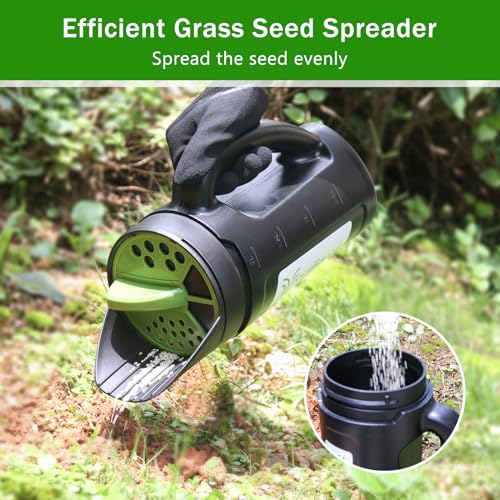 Yhtpouqe Hand held Spreader, Seed Spreader for Ice Melt, Grass Seed, Fertilizer Lawn and Garden. Multiple Adjustable Opening Sizes for Salt,Ice Melt, Up to 80 Oz