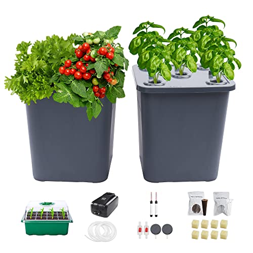 2 Hydroponic Buckets Kit for Plants, Hydroponics Growing System for Herbs/Tomato/Vegetables, DWC System with Air Pump & Germination Tray (Complete Indoor Hydroponic Gardening Supplies) - size: 2 Buckets Kit (Grey)