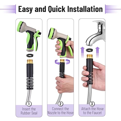 UNCO- Metal Garden Hose, 25 ft, Stainless Steel, Heavy Duty Flexible Hose with 10-Function Spray Nozzle & 3 Extra Washers, No-Kink, Lightweight, Puncture Proof for Outdoor Yard, Lawn, Plants, Car Wash