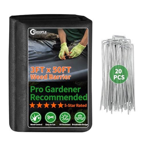 HOOPLE 3FT*50FT remium Landscape Fabric Weed Barrier, Durable & Heavy-Duty, Thick Weed Barrier Fabric, Easy Setup & Superior Weed Control (with 20 pcs Garden Stakes) - size: 3.2 oz – 3 ft x 50 ft