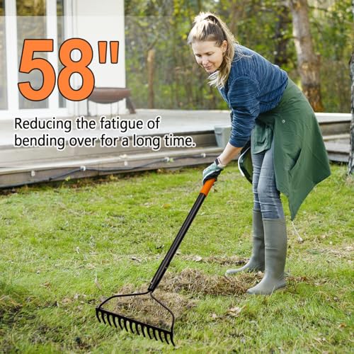 Garden Rake for Lawn Heavy Duty, 14 Tines Metal Rake with Thick Fiberglass Handle, 58 Inches