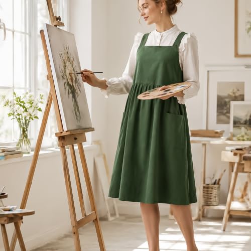 Cotton Linen Apron Cross Back Apron for Women with Pockets Pinafore Dress - color: Green