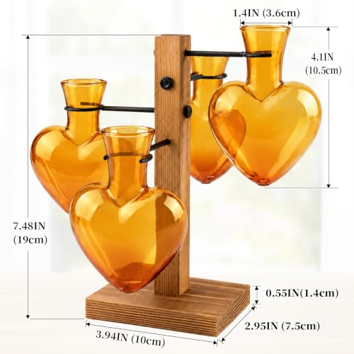 Plant Terrarium Propagation Station with Wooden Stand, 4 Glass Vases - color: Amber