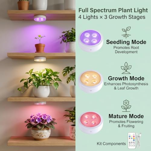 2 Pack Rechargeable Grow Light, Cordless Full Spectrum LED for Indoor Plants, Magnetic Mount, Timer & Remote, USB-C 2000mAh for Shelf, Herbs, Succulents, Seedlings & Greenhouse (White)