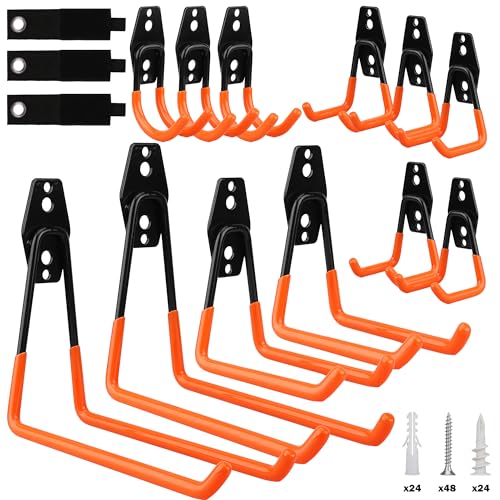 15-Piece Garage Wall Hooks with 3 Extension Straps, Orange Heavy Duty Tool Storage Rack for Ladder, Bike, Shovel, Garden Tools, Metal Wall Mount Organizer Set - style: 15-Pack Hooks + 3 Straps(orange)