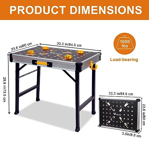 WORKESS Portable Workbench 1000Lbs Capacity Heavy Duty Folding Work Table with 2 Quick Clamps, 4 Bench Dogs, 3 Tool Boxes for Garage Easy Storage - style: Standard