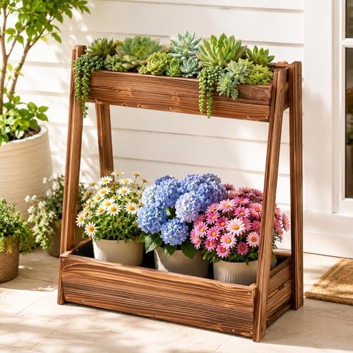 36" 2-Tier Freestanding Elevated Wooden Raised Garden Bed - color: 36" H Garden Bed-carbonized Wood Color