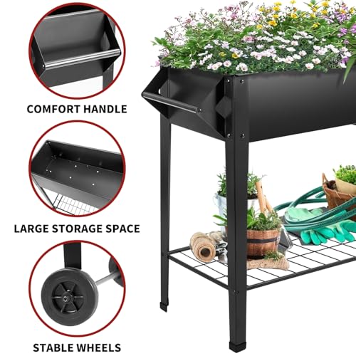 32" Rolling Raised Garden Bed with Wheels, Metal Elevated Planter Box