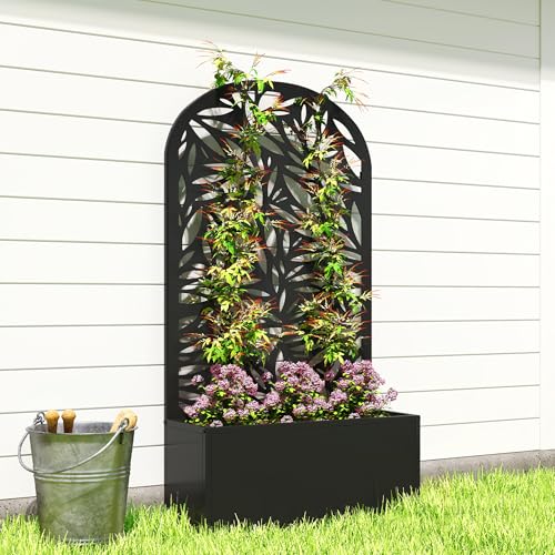 Outsunny Metal Raised Garden Bed with Trellis, Leaves Cut-Out - style: Leaves Cut-Out