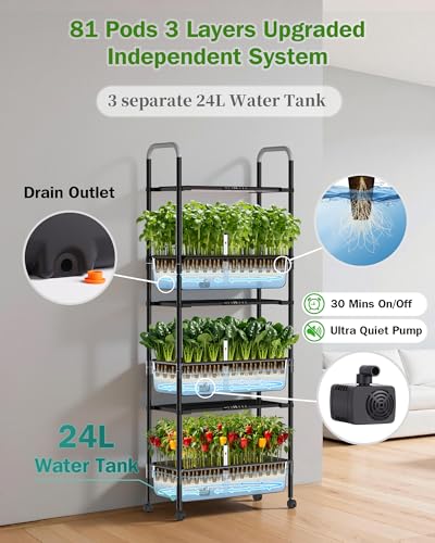 Growell 81 Pods Hydroponics Growing System Kit with Independent Water Pump - color: Black, size: 26" - 3 Tier (81 Pods)