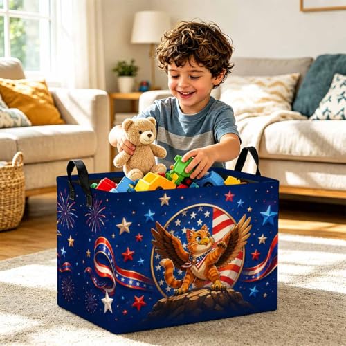 Patriotic Cat Storage Basket with Handles, Eagle Cat Laundry Hamper 56L Large Collapsible Organizer, Laundry Basket for Bathroom/Laundry/Bedroom - color: Patriotic Cat