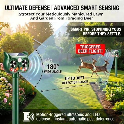 2Pack Upgraded Deer Repellent Devices Solar Ultrasonic Animal Repellent Outdoor with Motion Sensor Strobe Light for Squirrel Raccoon Rabbit Cat Bird Volume Control Keep Pests Out of Yard Farm