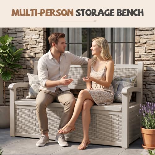 EFU Outdoor Bench Storage Deck Box,100 Gallon Waterproof Wicker - color: Taupe