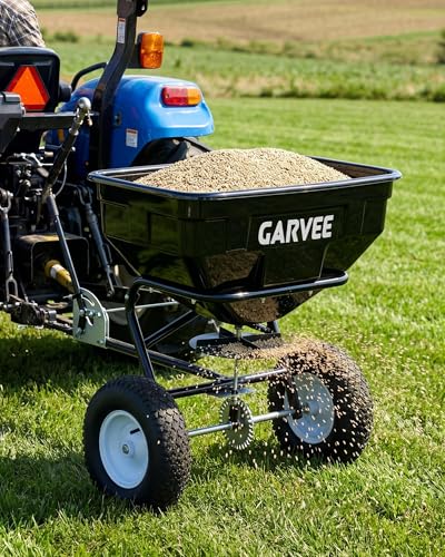 Tow Behind Broadcast Spreader, 130LBS Capacity, Universal Hooks Tow/Push Garden Spreader Fit for UTV, ATV & Most Tractors, 30 Adjustable Settings, 9.8 ft Spreading Width, Lawn Spreader for Seed, Ferti - size: 125 LBS