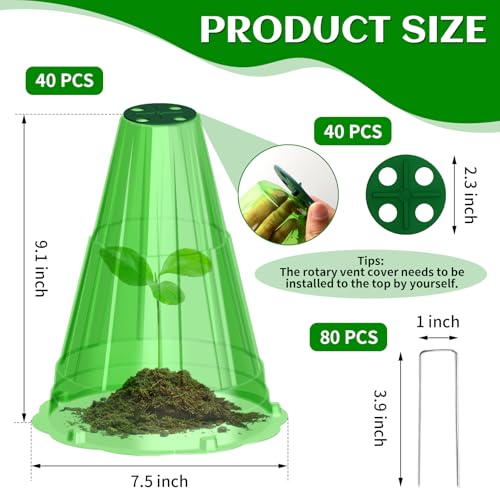 Garden Cloches for Plants, 40 Pack Garden Cloche with Rotary Vent, Reusable Bell Plant Covers with 40Pcs Ground Stakes, Plant Cloche Protectors from Animals Snails Birds Chickens, 7.9" H X 6.7" D - color: Green-40pc