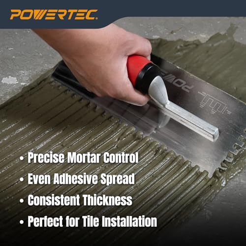 POWERTEC Square Notch Trowel - 1/4" x 3/8" Stainless Steel Square-Notch Tile Trowel with Soft Grip Handle for Thinset Mortar, Mastic & Tile Installation Work (72781) - style: 1/4" x 1/4" Square Notch