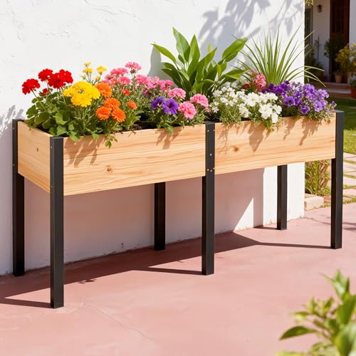 SUNYRISY Dual Wooden Raised Garden Bed Outdoor with Metal Legs